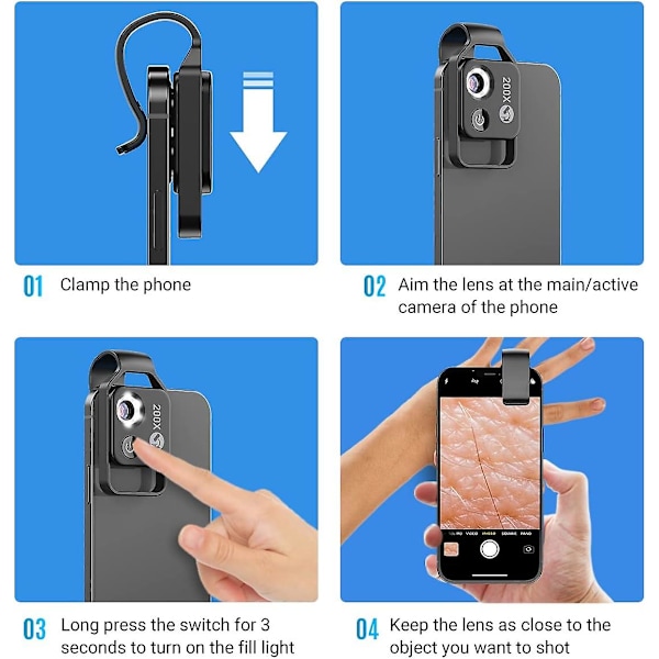 Telefon Kameralinse Mikroskoplinse med CPL-linse, 200x Telefon Mini Lomme Mikro med LED-lys til de fleste iPhone Android Smartphones, Velegnet til Videnskabsundervisning