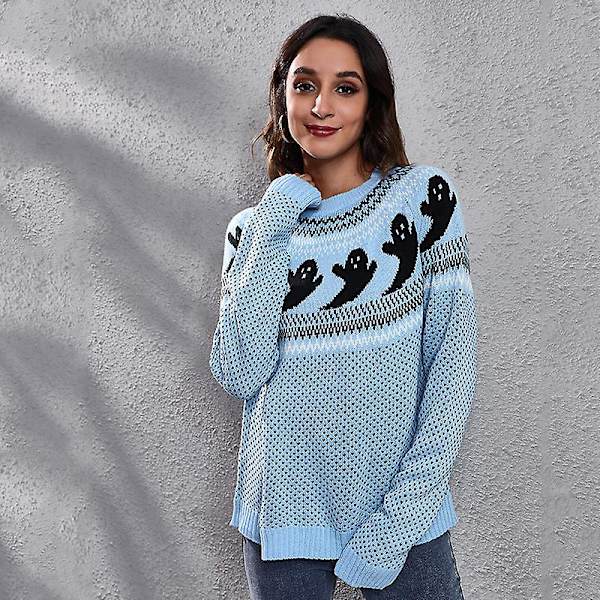 Dam långärmad stickad tröja lös höst och vinter damkläder Light blue Xl (new)