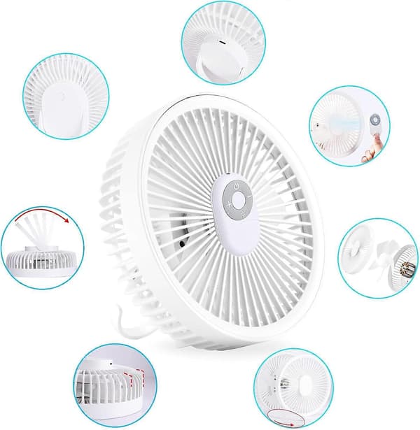Genopladelige hvide campingventilatorer til telte, 7 tommer