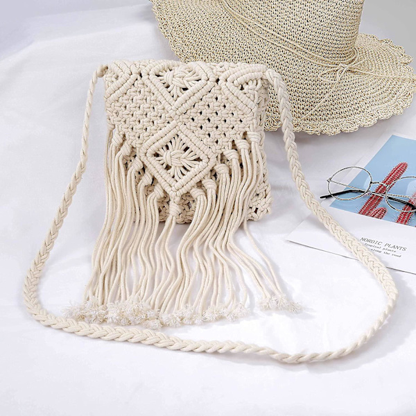 Kvinnors axelväska med tofsar, acsergery flickors fransade virkade plånbok Boho crossbody