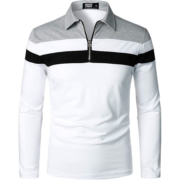 Herr Casual Långärmad Polotröjor Kontrastfärg Patchwork Bomull Tee Toppar White M