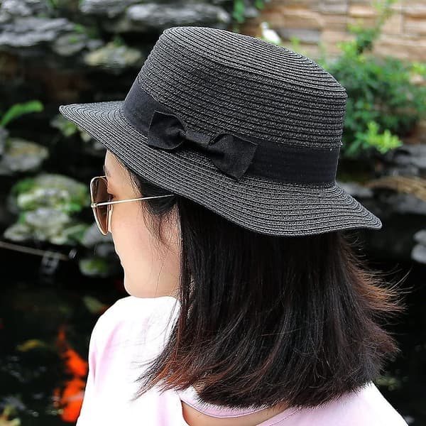 Dame Bowknot Stråhat Sommer Fedoras Boater Solhat Black
