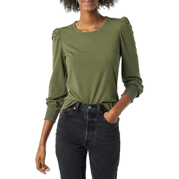 Kvinnors långärmad T-shirt med rund halsringning och smockad manschett Olive XXL