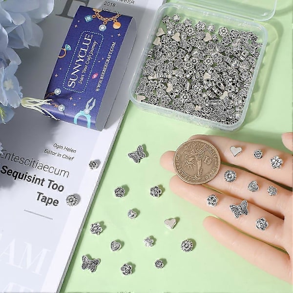 1 Ask 200 st 10 Stilar Blomma Pärlor Silver Fjäril Pärlor Bulk Tibetansk Legering Metall Mini Hjärta Alla Hjärtans Dag Födelsedag Blomma Caps Distans Pärlor för Je