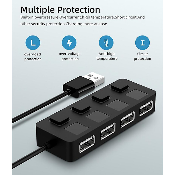 4-portars USB 2.0-datahubb - Denna USB-hubb har individuella LED-upplysta strömbrytare och är lämplig för användning med Mac och PC. Observera att den inte stöder laddning.
