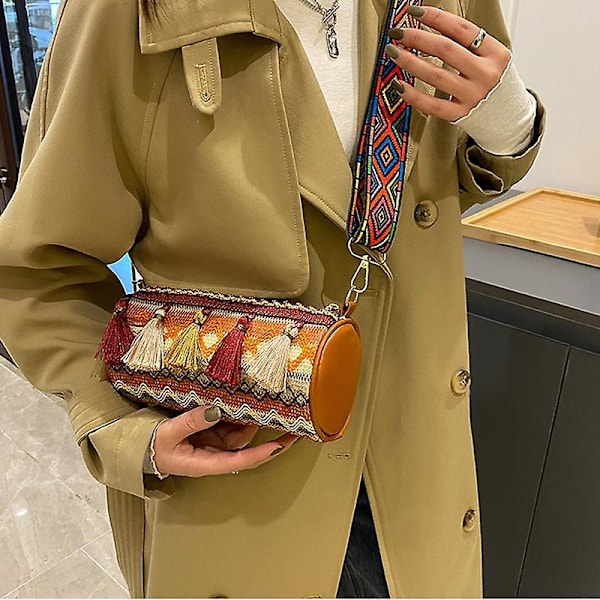 Etnisk stil Canvas Crossbody Bag Tonårsflickor Plånbok Bär Väska Axelväska för Kvinnor Damer Brown