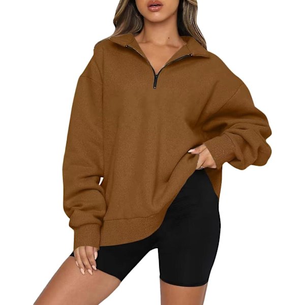 Naisten syksyn collegepaidat, Oversized puolivetoketjullinen pitkähihainen collegepaita, neljännesvetoketjullinen trendikäs huppari, asuja teineille m0 brown XX Large