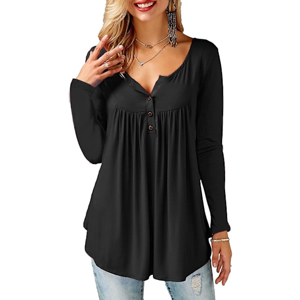 Damtröjor volang lös knapp upp tunika toppar för kvinnor Black C XL