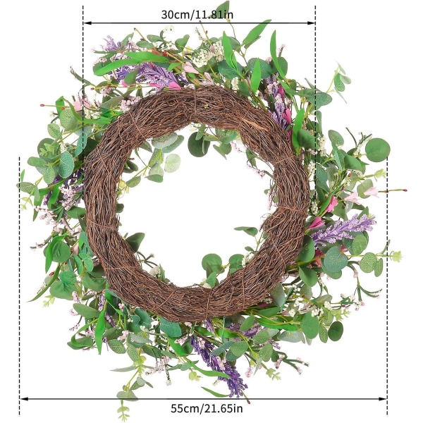 22 tums dörrkrans, vårsommar konstgjorda kransar Eucalyptus blomsterkrans hela året dekoration för ytterdörr, hem, fönster, vägg, bröllop, fest (w