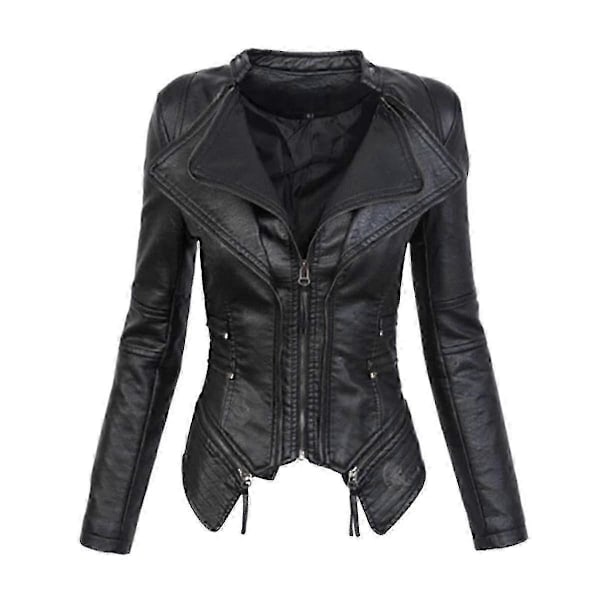 Dame Faux Læder Biker Kort Jakke Casual Slim Fit black s