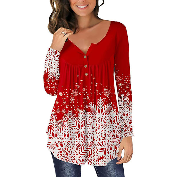 Dame Tunika Topper Ensfarget Plissert V-hals Knapper Bluse Blomstertrykte Damer Mixblack M