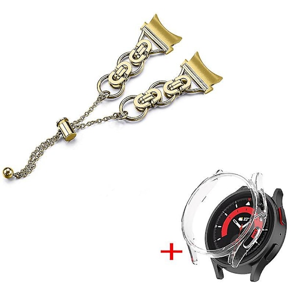 Urrem i rustfrit stål med perledekoration til Samsung Galaxy Watch 5 44mm med PC beskyttelsesramme Gold Transparent  Watch Frame