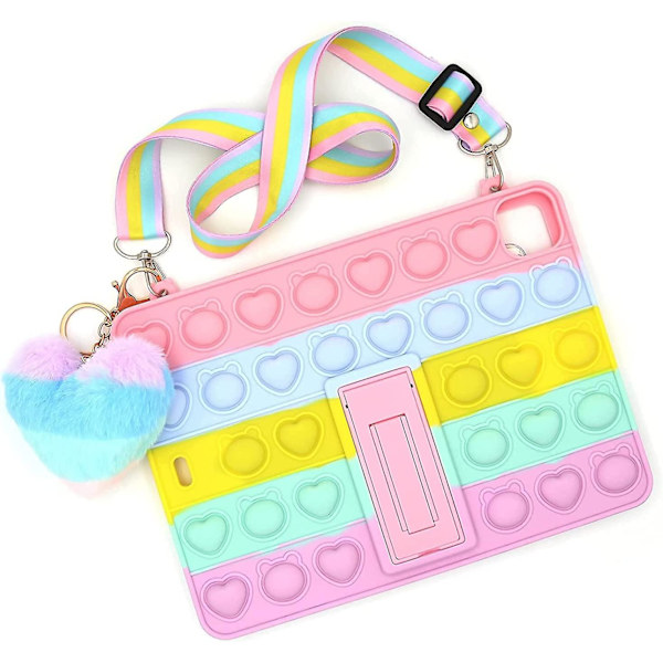 Sød Silikone Etui, Pop Push Bubble Etui Kompatibelt med iPad Air 1/iPad5 9.7 tommer, Stresslindrende Etui med Støttefod & Lanyard & Vedhæng (Regnbue Bjørn H