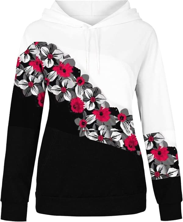 Baggy sweatshirts for kvinner, patchwork, blomstermønstret, hettegenser, avslappet langermet hettegenser for kvinner Wine Medium