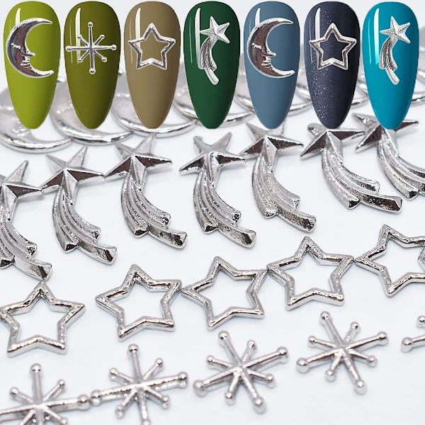 40 stjärnor och månar nageldekorationer för nagelkonst i metalllegering nagelkonst nitar för akrylnaglar 3d nageldekorationer nagelstenar designer och dekorationer (silver)