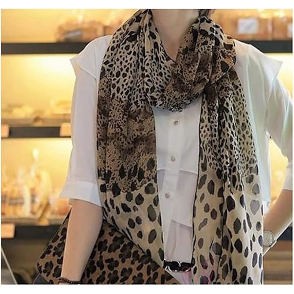 Dam Scarf Lång Mjuk Leopardmönstrad Chiffon Silkeshalsduk Sjal Stole Wrap Damkläder Tillbehör