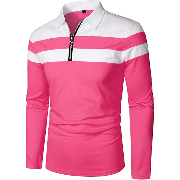 Herr Casual Långärmad Polotröjor Kontrastfärg Patchwork Bomull Tee Toppar Pink M