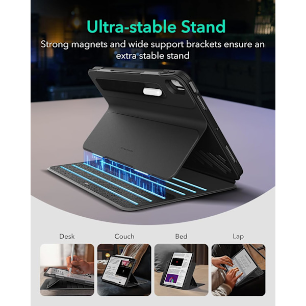 iPad Air 11 tuuman M2 -kotelo, iPad Air 6/5/4 (2024/2022/2020), irrotettava magneettikansi, jalusta pysty-/vaakasuunnassa korotetulla näytöllä Black Pro 13 inch