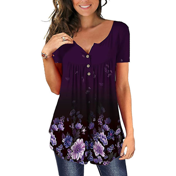 Dame Tunika Topper Ensfarget Plissert V-hals Knapper Bluse Blomstertrykte Damer Blackgold M