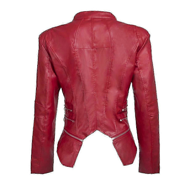 Dame Faux Læder Biker Kort Jakke Casual Slim Fit red m