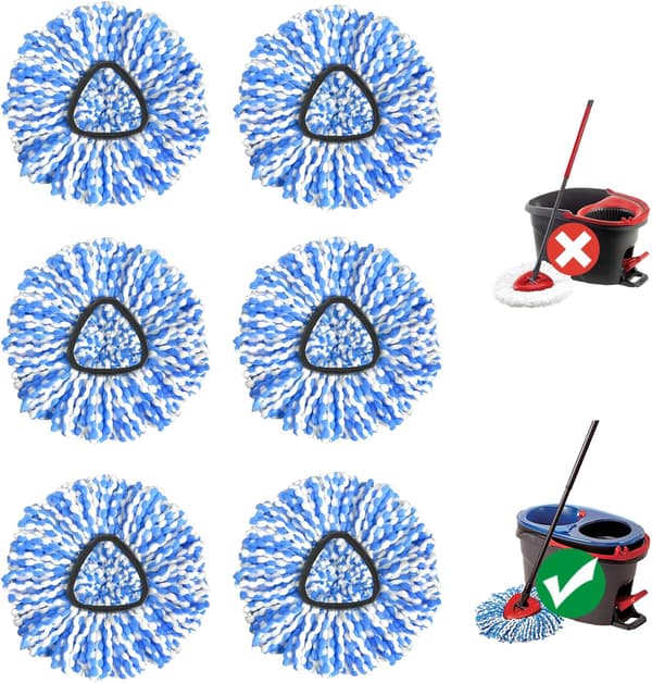 Spin Mop Head Refill, 6 stk. Roterende trekantmoppehode, mikrofiber, kan vaskes i maskin