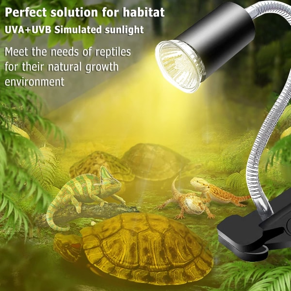 Akvarie Varmelampe Skildpaddelys med Klemme, 2 UVA UVB Pærer (50W), Justerbar Holder til Sollampe, Lyslampe Kæledyrsopvarmning Firben Slange Reptil Skildpadder