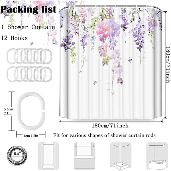 Bruseforhæng Grønt Skimmelsikkert Vandafvisende Fugle Blomster Badeværelse Purple Floral