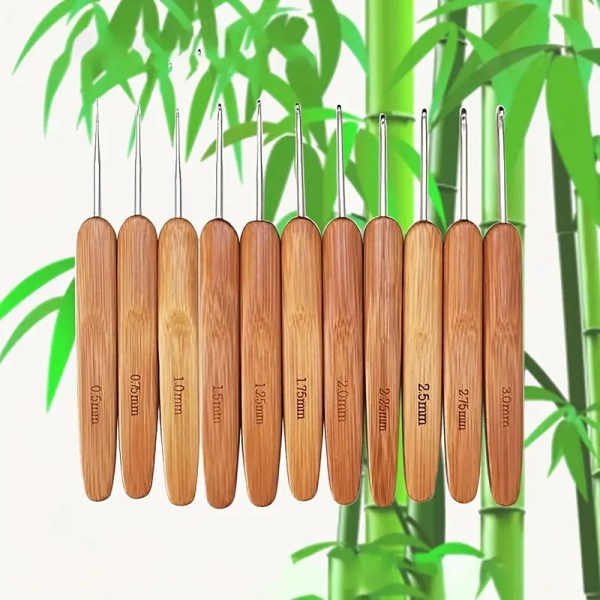 11 st Virkad Ergonomisk Virkad Bambu Trä Handtag Små virknålar Stickgarn Hantverk DIY Syverktyg för finarbete
