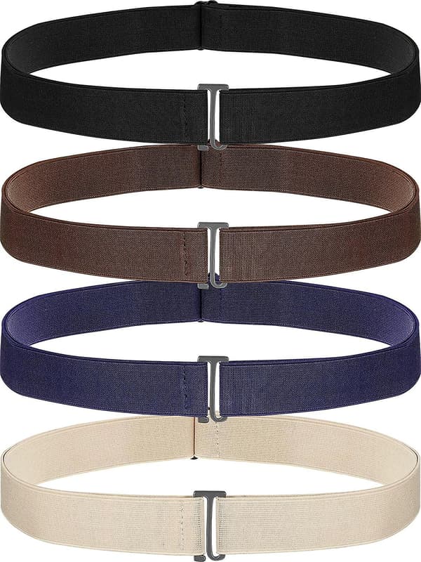 4-pack Dolda Elastiska Bälten för Kvinnor, Stretch Bälte med Platt Spänne, Svart Blå Khaki Brun -