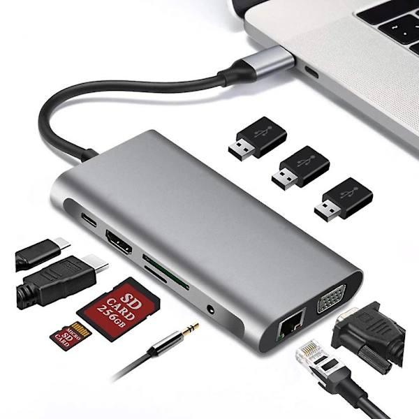 Usb C-hubb, 10-i-1 Usb C-multiportadapter med 4k Hdmi Vga Usb 3.0 100w Pd och Rj45 Ethernet, Usb C-dockningsstation kompatibel med Macbook Pro & Air