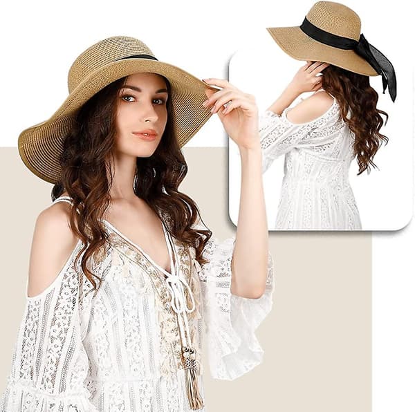 Kvinnors Strandhatt i Halm: Stor Vikbar & Packbar Sommarfloppy Solhatt Style 2
