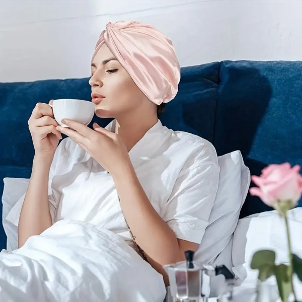 Elegantti satiininen rypytetty myssy, kaksinkertainen kerros, solmittu elastinen turbaani, pehmeä suihkumyssy, unimyssy, yömyssy musta