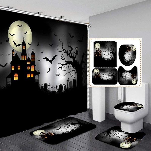 Haunted House Halloween duschdraperiset, 71 tum X 71 tum Halloween set - Duschdraperi med matta, cover till toalettlock, badmatta - Ha