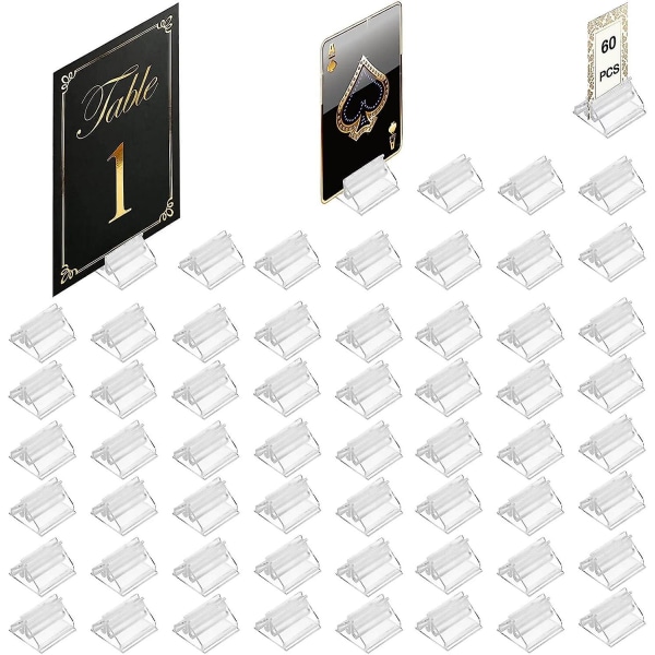 Bordsnummer Platskort Spelkortshållare 60-pack, klar akryl Visitkortshållare Stativ för visning Papper Spelbit Bilder Klämma Pristavla