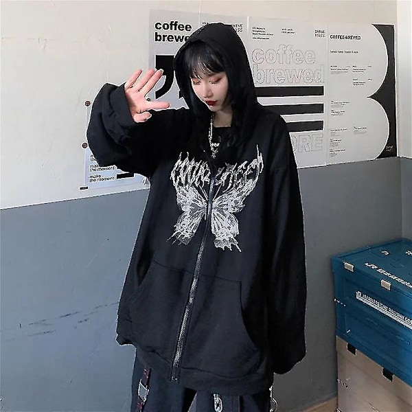 Y2k Huppari Naisten Syksy- ja Talvimuoti Hip Hop Vetoketjullinen Perhoskuvioinen Huppari Naisten Goth Punk Takki Black1 L