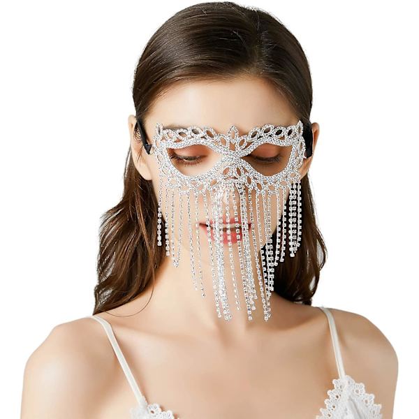 Rhinestone Cat Eye Fringe Maskerad Mardi Gras Mask Med Satängband Bak