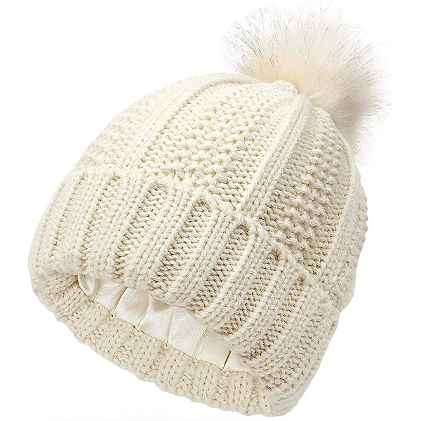 Dam vintermössa damer varma stickade mössor med fuskpäls pom pom