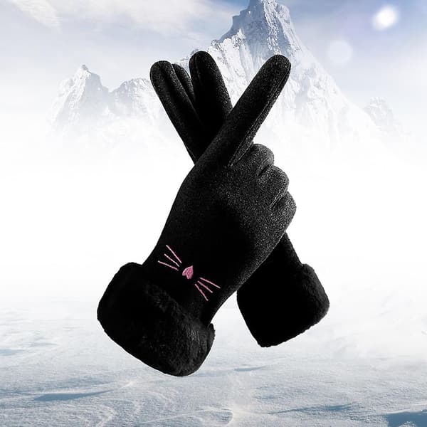 Vinterhandsker til damer med touch screen fingre til varm og tyk tekstning Cat face black