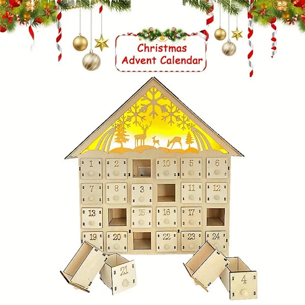 1 stk. Juletræ LED Nedtællings Adventskalender i Træ, Jule Nedtællings Adventskalender til Hjemme- og Udendørsbrug