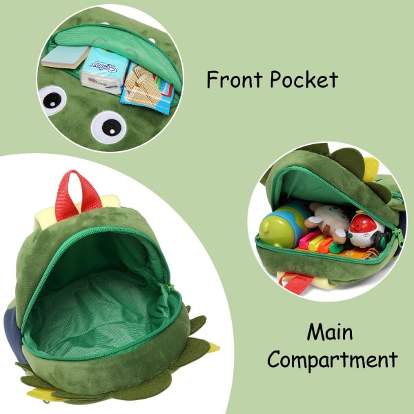 Pienten lasten reppu pojille ja tytöille, pieni söpö eläin 3D lasten reppu mini päiväkotilaukku pehmeä pehmoreppu vauvalle, vihreä dinosaurus vihreä