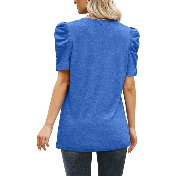T-skjorter for kvinner V-hals topper Dame Gigot Erme Sommer Casual Tee Blue XL