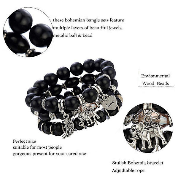 Enkel Bohemisk Pärl-Elefantvingar LOVE Mönster Boll Armband Black