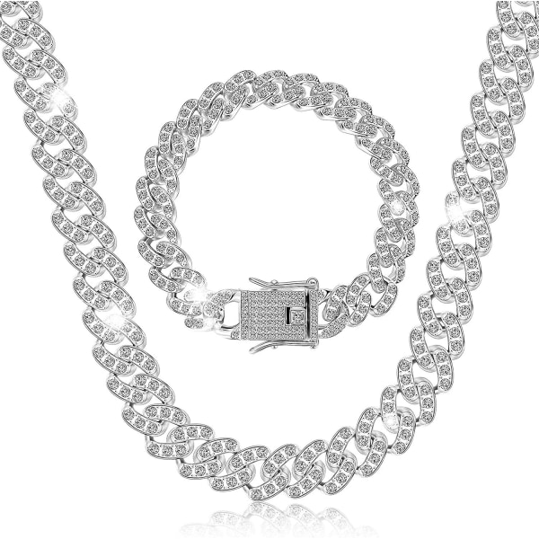 12 mm tjock kubansk kedja halsband Armband strass halsband Bling diamantkedja kubansk Sliver