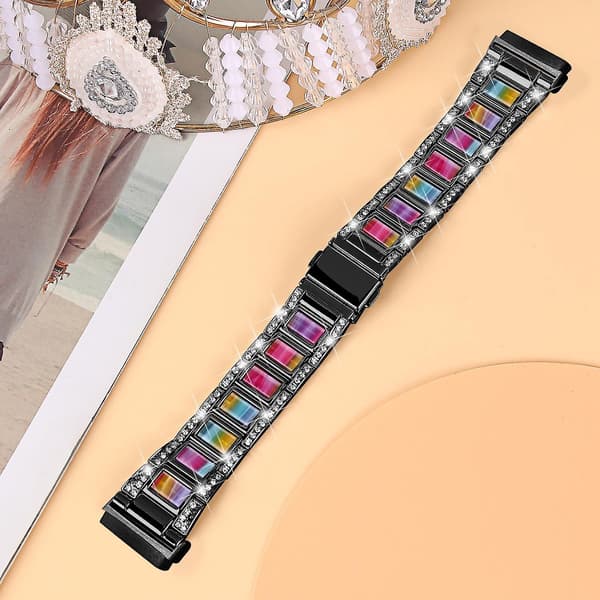 Til Fitbit Versa 4/Sense 2 Resin Urrem Rustfrit Stål Rhinestone Dekor Urrem Black Rainbow