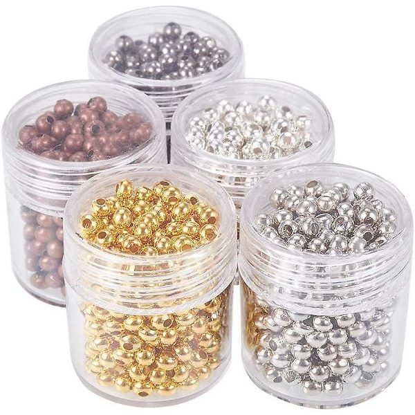 1350 st 3mm Distanspärlor, 5 Färger Runda Glatta Små Metallpärlor Distanspärlor Kulor Lösa Pärlor För Örhängen Halsband Armband Smyckestillverkning
