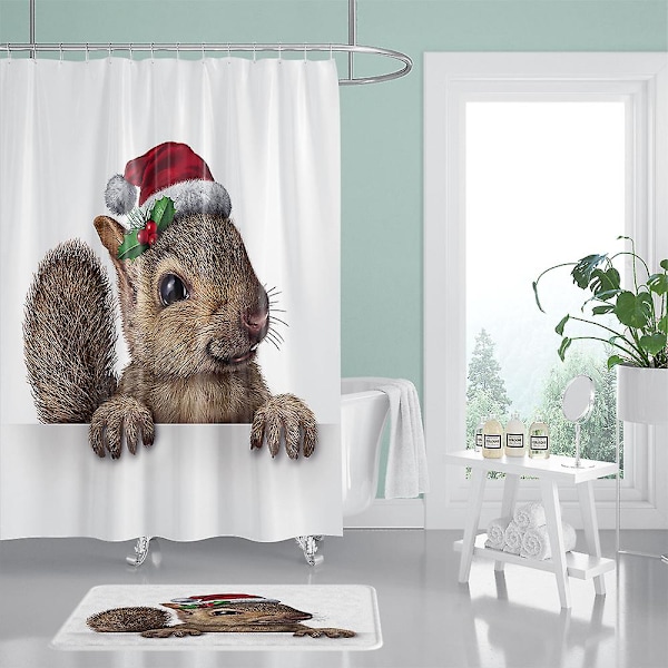 Sæt med 4 jule-egern bruseforhæng med skridsikker måtte, toiletlåg og bademåtte, jule-egern julebruseforhæng med 12 kroge,