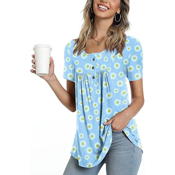 Kvinnors vår-sommar Henley-skjortor Knäppta tunikor Toppar 2023 Casual Kortärmad blus T Blue Daisy XL