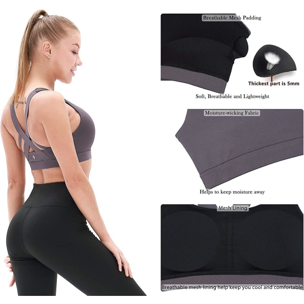 Kvinnors vadderade sport-bh med medium support, korsrygg, gym, yoga-bh Grey M