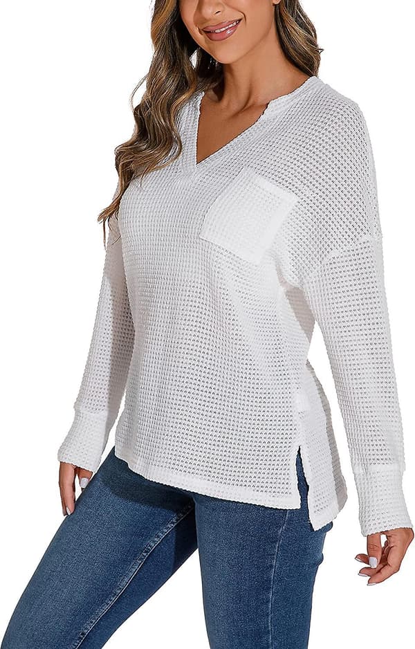 Acsergery V-hals Vaffelstrikket Langærmet Pullover Sweater Bluser Gave til Kvinder