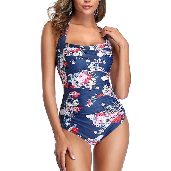 Badedragt i ét stykke til kvinder, retro rynket badetøj, halterneck, ensfarvet 07 navy M